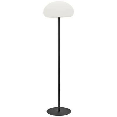 Stojacia lampa s čiernym stojanom a okrúhlym bielym tienidlom na vrchu. Moderný dizajn vhodný do obývacej izby alebo kancelárskych priestorov.