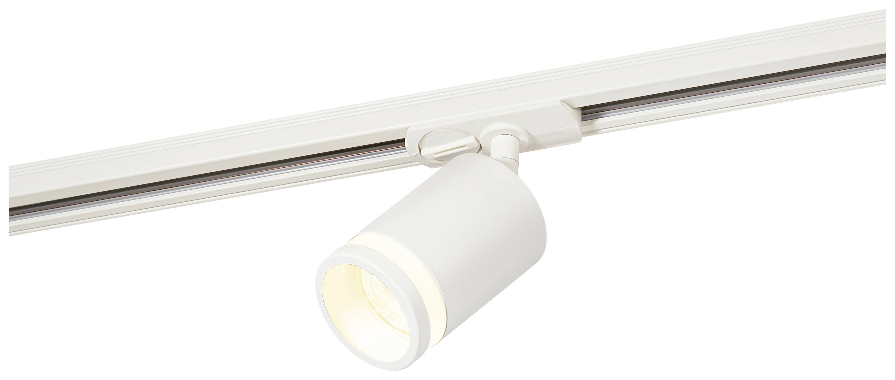 Stropný reflektor s bielym krytom, namontovaný na lište, smerujúci nadol a svietiaci. Vhodný do moderných interiérov.