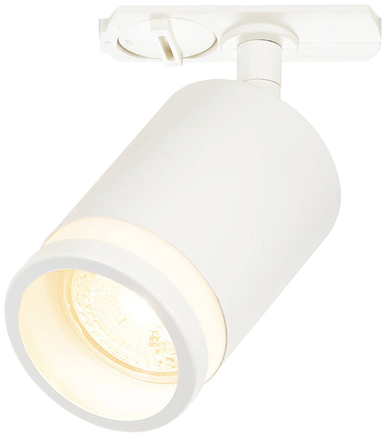 Biela stropná bodová lampa s valcovitým telesom, namontovaná na koľajnicovom systéme. Ideálna na cielenú svetelnú projekciu.