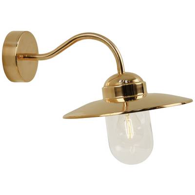 Medená nástenná lampa so zakrivením ramena a skleneným tienidlom, ktorá vyžaruje vintageový štýl.