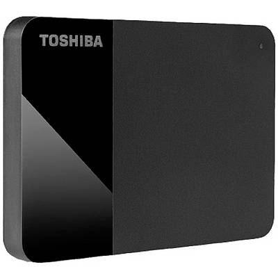 Externý pevný disk Toshiba, čierny, so zaoblenými rohmi a elegantným dizajnom.