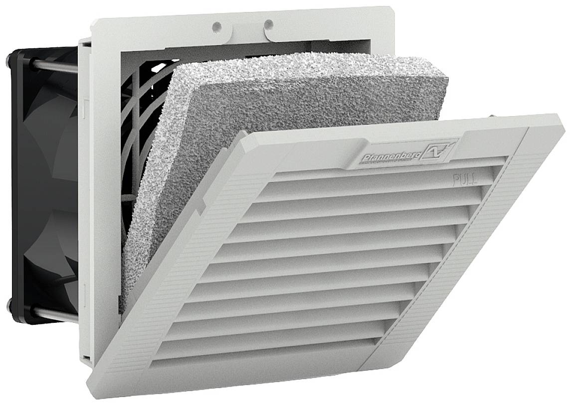 Ventilátor so snímateľným krytom zobrazuje vnútorný filter. Vhodný na chladenie a vetranie elektronických zariadení alebo rozvádzačov.