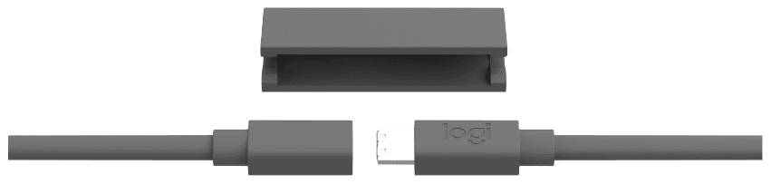 Sivý USB kábel so zástrčkou vedľa sivého organizéra káblov.