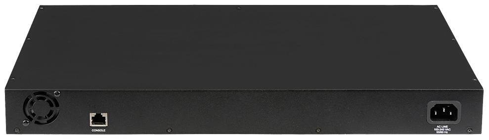 Obdĺžnikové čierne sieťové zariadenie s ventilátorom, ethernetovým portom a napájacou zásuvkou na zadnej strane.