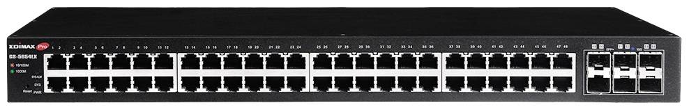 Sieťový prepínač s 48 ethernetovými portami a 4 SFP portami. LED indikátory pre stav a aktivitu.