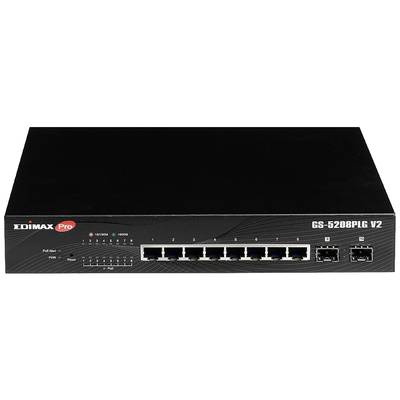 Sieťový prepínač s ôsmimi ethernetovými portami a dvomi ďalšími portami na pravej strane. Model: GS-5208PLG V2.