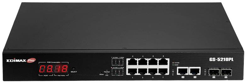 Sieťový switch Edimax Pro GS-5210PL. Desať ethernetových portov, LED indikátor vpredu. Vhodný pre profesionálne sieťové inštalácie.