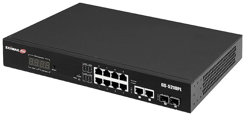 Čierny sieťový switch modelu 'GS-5210PL' od spoločnosti Edimax. Má 8 ethernetových portov a 2 SFP porty na prednej strane.