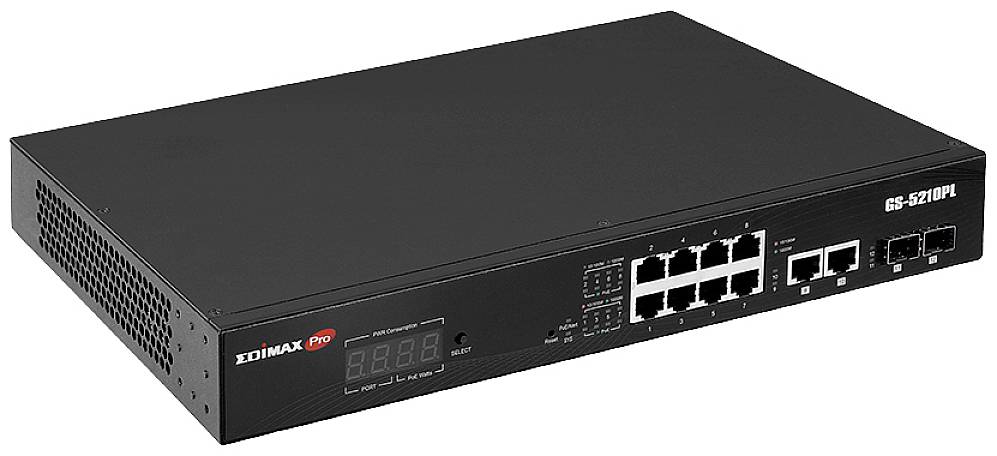 Čierny sieťový switch s viacerými ethernetovými a optickými portmi. LED indikátory zobrazujú prevádzkový stav.