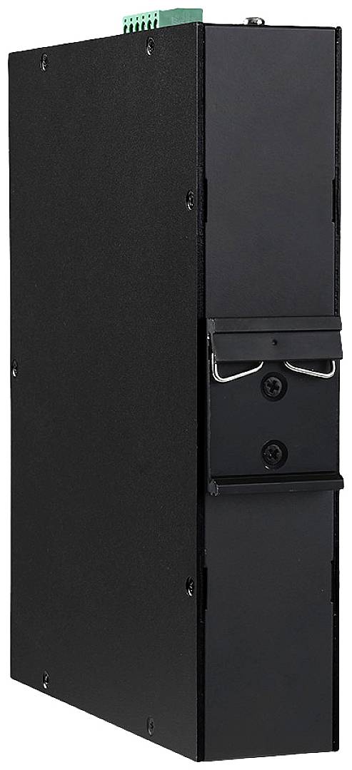 Čierne elektronické zariadenie v zvislej orientácii, pohľad z boku, so viditelnými skrutkami na prednej strane.