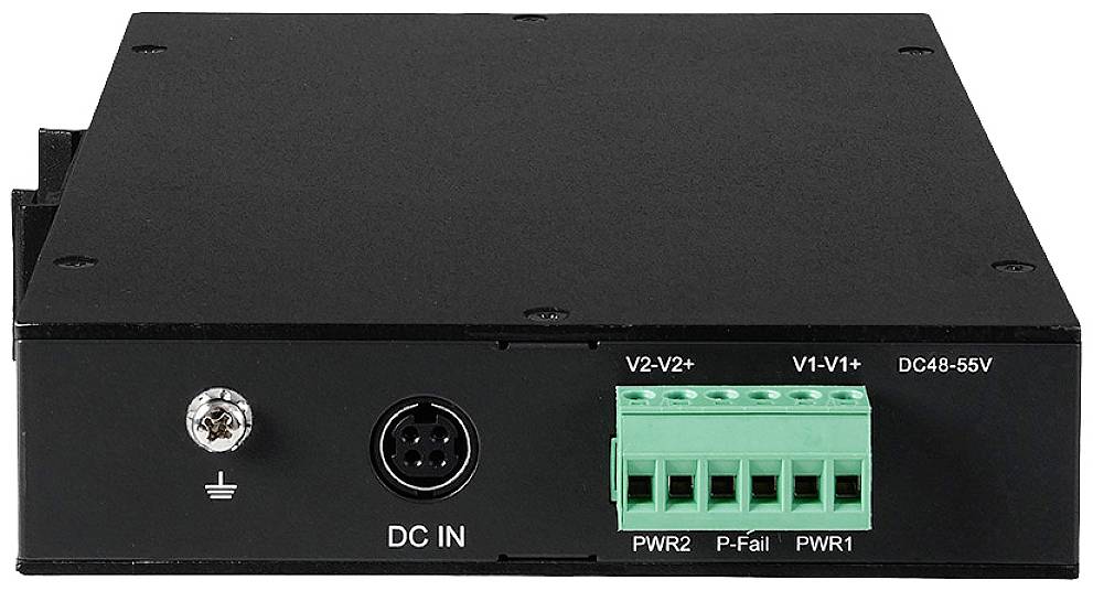 Čierny elektronický adaptér s konektormi a popiskami 'DC IN', 'V2-V2+', 'V1-V1+', 'DC48-55V', 'PWR2', 'P-Fail', 'PWR1'.