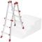'Červený a strieborný teleskopický rebrík rozložený a stojaci na schodoch.'