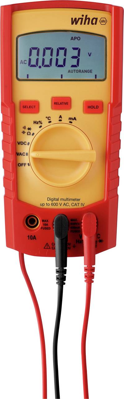 Digitálny multimeter zobrazuje '0,003 V AC'. Má červené a čierne meracie vodiče. Zariadenie meria napätie a odpor.