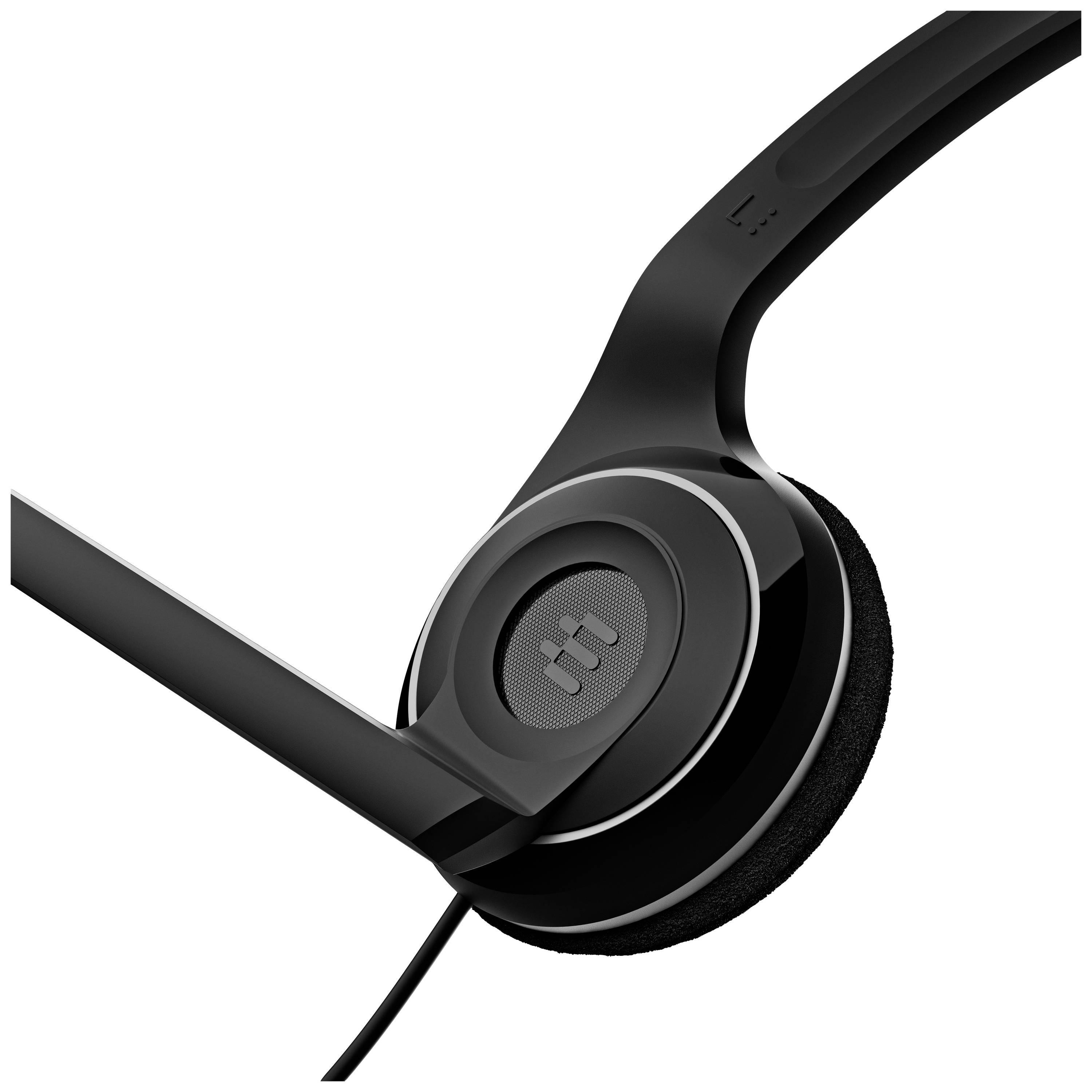 Čierny kabelový headset s mikrofonným ramenom, vhodný pre telefonovanie alebo komunikáciu na počítači.