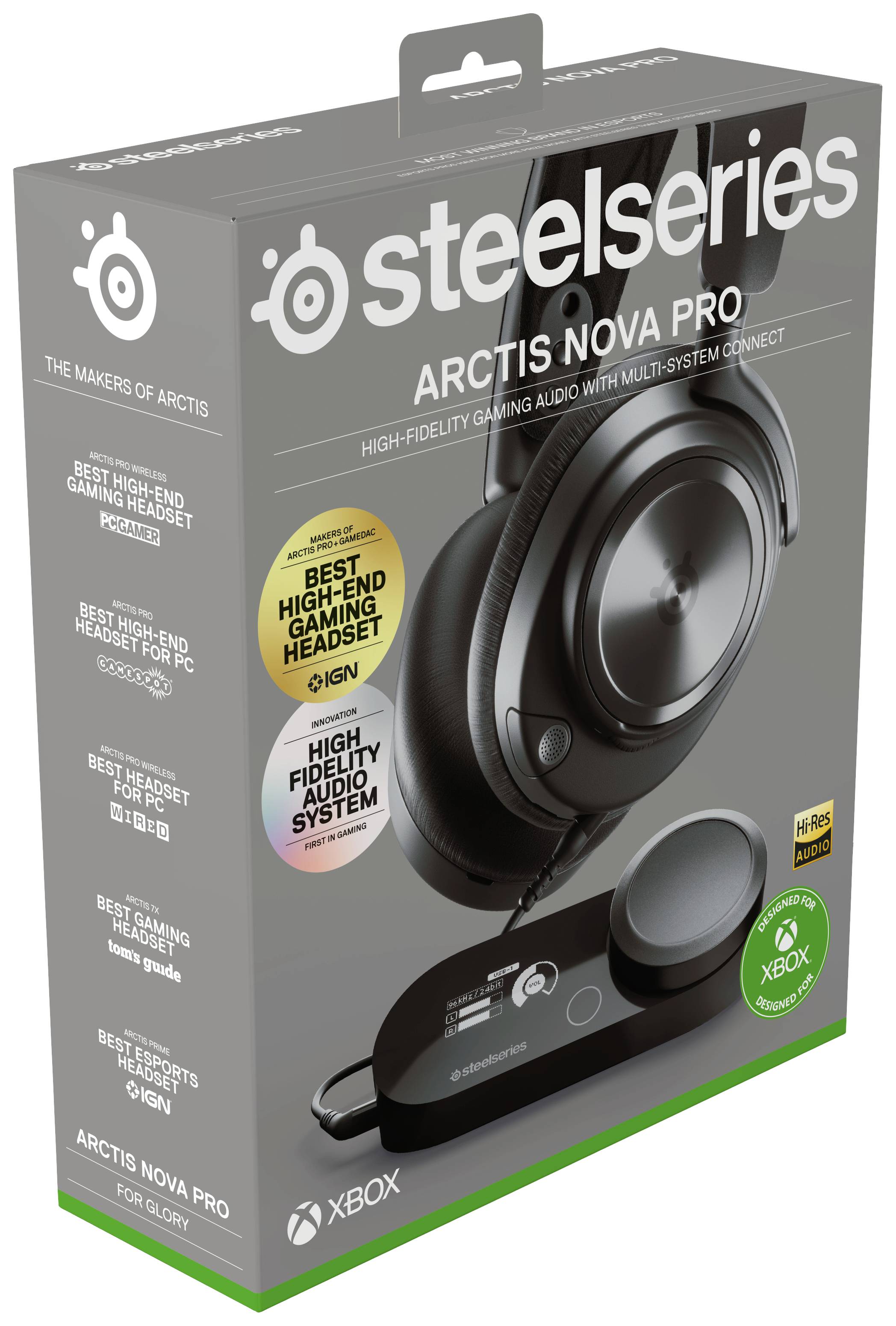 Obal herného headsetu SteelSeries Arctis Nova Pro ukazuje vysokokvalitné herné slúchadlá s kompatibilitou pre Xbox a oceneniami.
