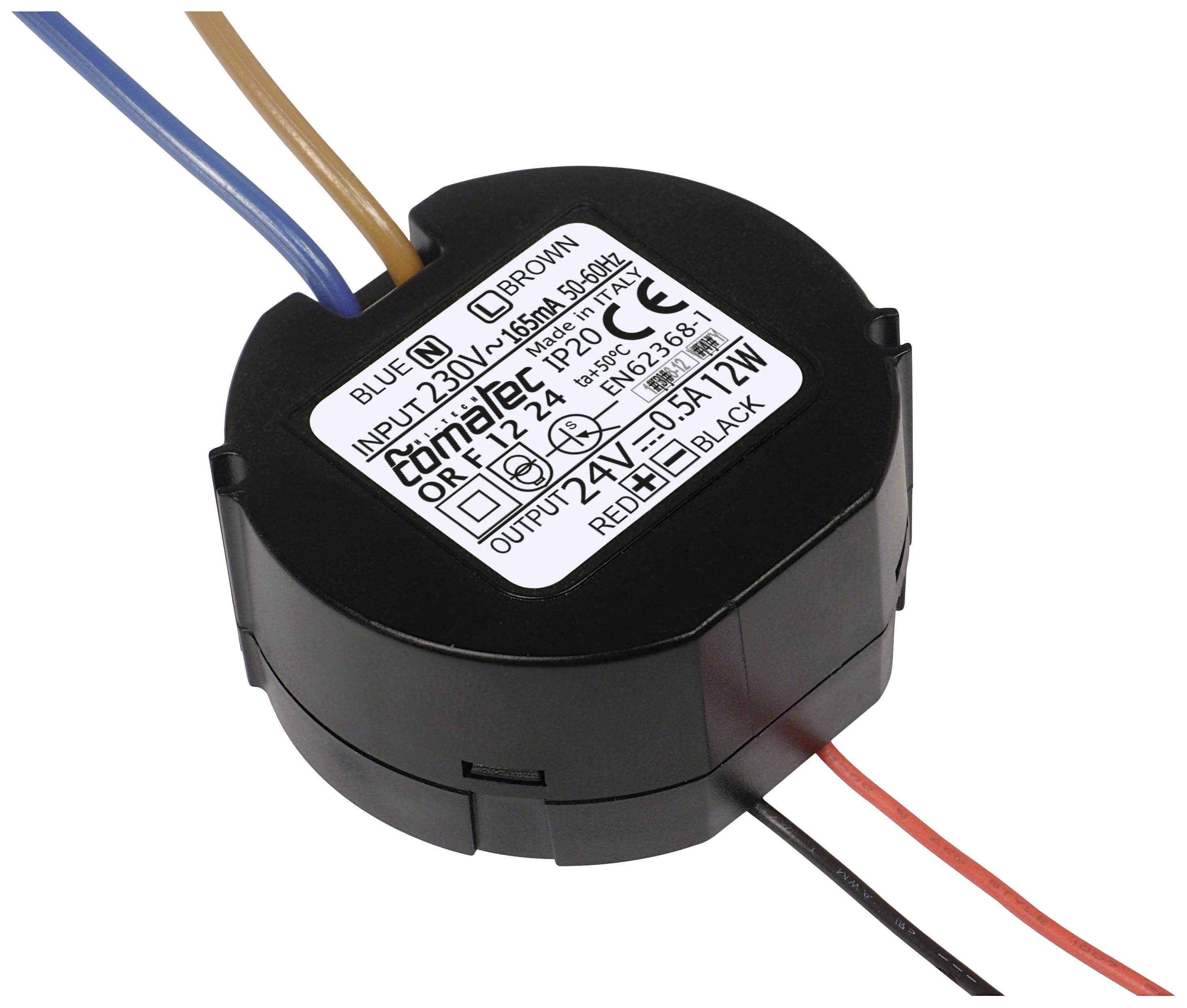Okrúhly LED driver, model LPV-10-24, s farebnými identifikačnými vodičmi v modrej, hnedej, červenej a čiernej farbe.