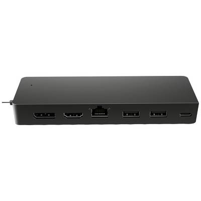 Čierna dokovacia stanica s viacerými portami: HDMI, Ethernet, dva USB porty a USB-C. Vhodná na rozšírenie pripojenia zariadení.