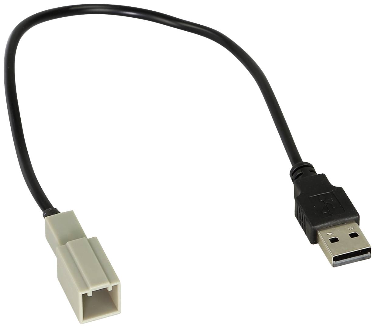 Čiernobiely USB kábel s obdĺžnikovým bielym konektorom na ľavej strane a USB zástrčkou na pravej strane.