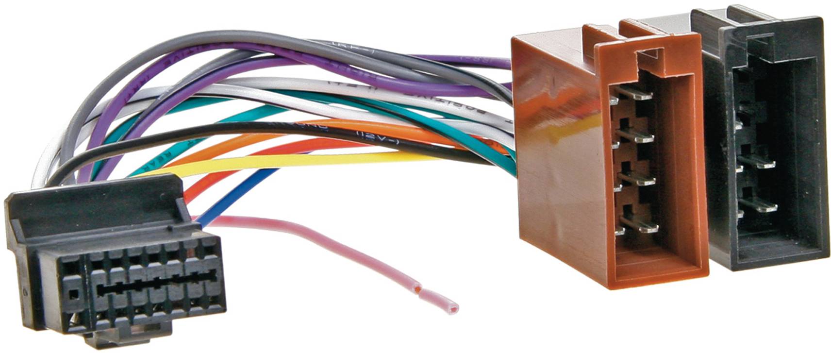 Niekoľko elektrických káblov s dvoma konektormi v čiernej a hnedej farbe, pripravených na pripojenie v zväzku káblov.