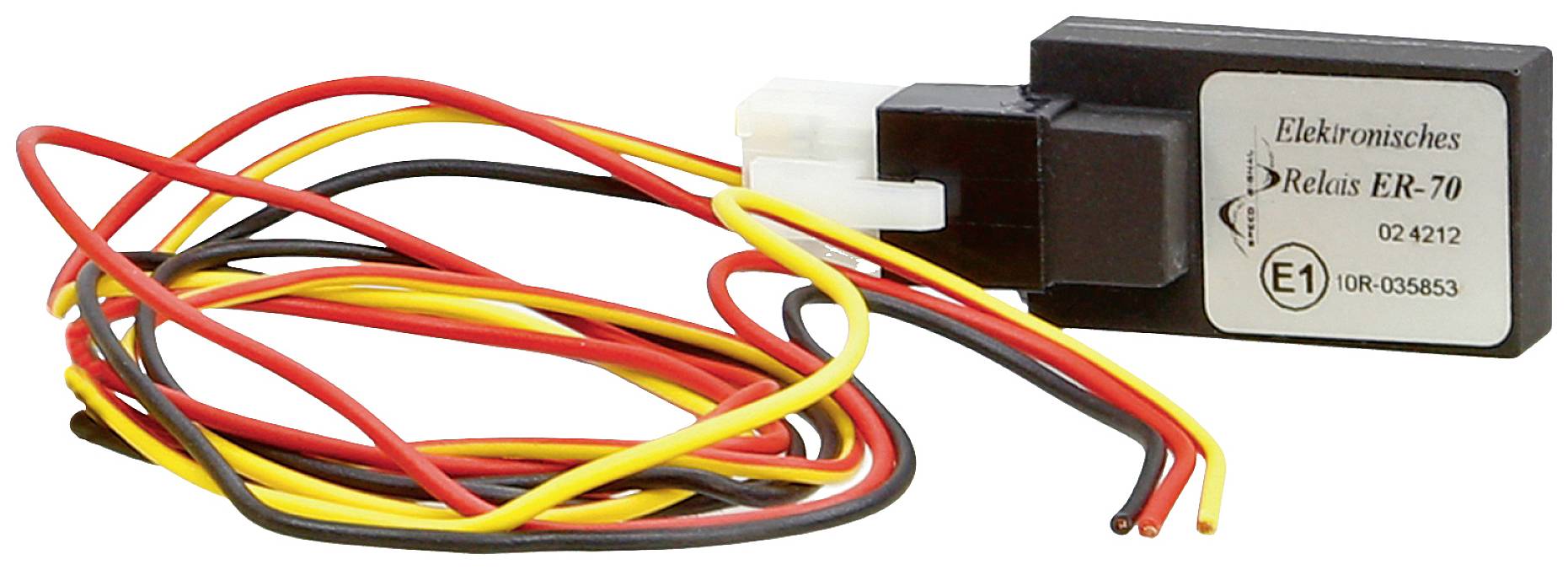 Elektronické relé s čiernymi, červenými, žltými a oranžovými káblami. Certifikácia E1 viditeľná na kryte.
