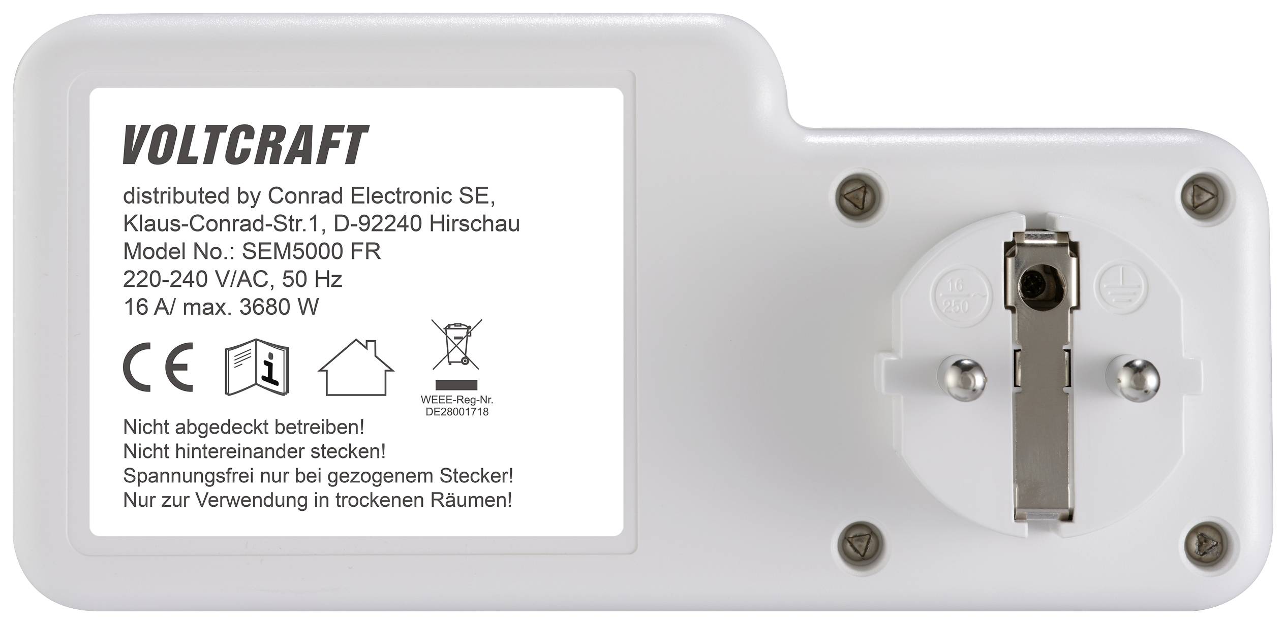 Voltcraft zariadenie na meranie spotreby elektrickej energie. Štítok s modelovým číslom SEM5000 FR a technickými údajmi.