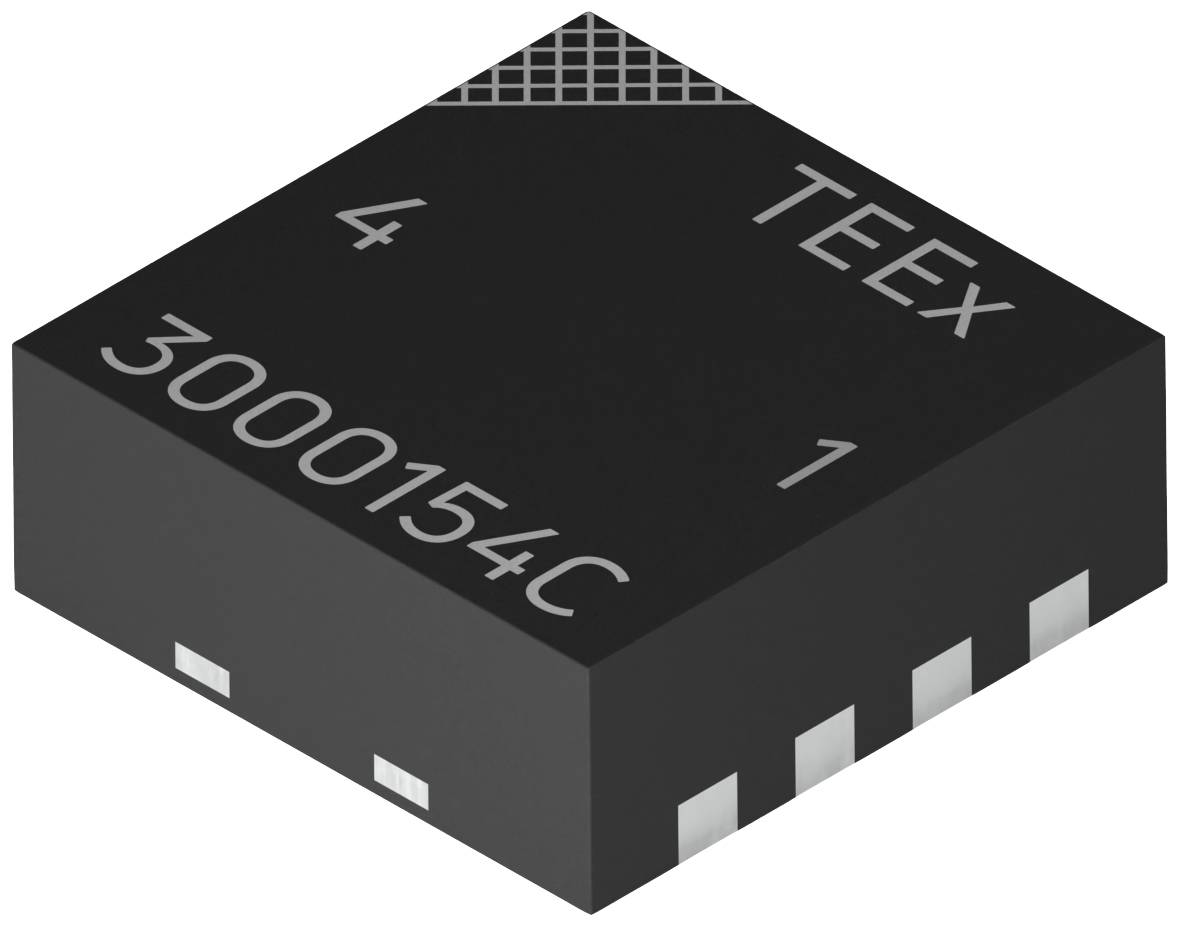 Čierny mikrochip s bielymi označeniami: 'TEEX', '4', '1', '3000154C'. Obrázok zobrazuje pohľad zhora s tromi viditeľnými kovovými kontaktmi.