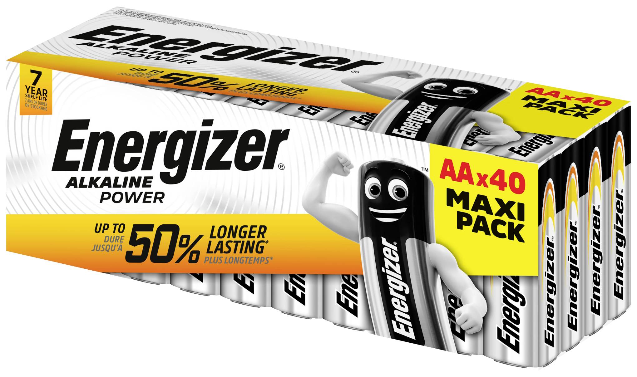 Energizer alkalické batérie, Maxi balenie s 40 kusmi, sľubuje až o 50 % dlhšiu výdrž. Obal zobrazuje maskota batérie.