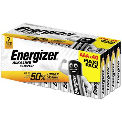 Balenie alkalických batérií 'Energizer Alkaline Power' s 40 AAA batériami. Nápis: 'Až o 50% dlhšia výdrž'. Obsahuje maskota.