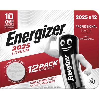 Energizer 2025 Lithium" batériový balík. Zobrazuje usmiateho batériového postavičku, "12 balení", "10 rokov trvanlivosti", "Profesionálny balík".