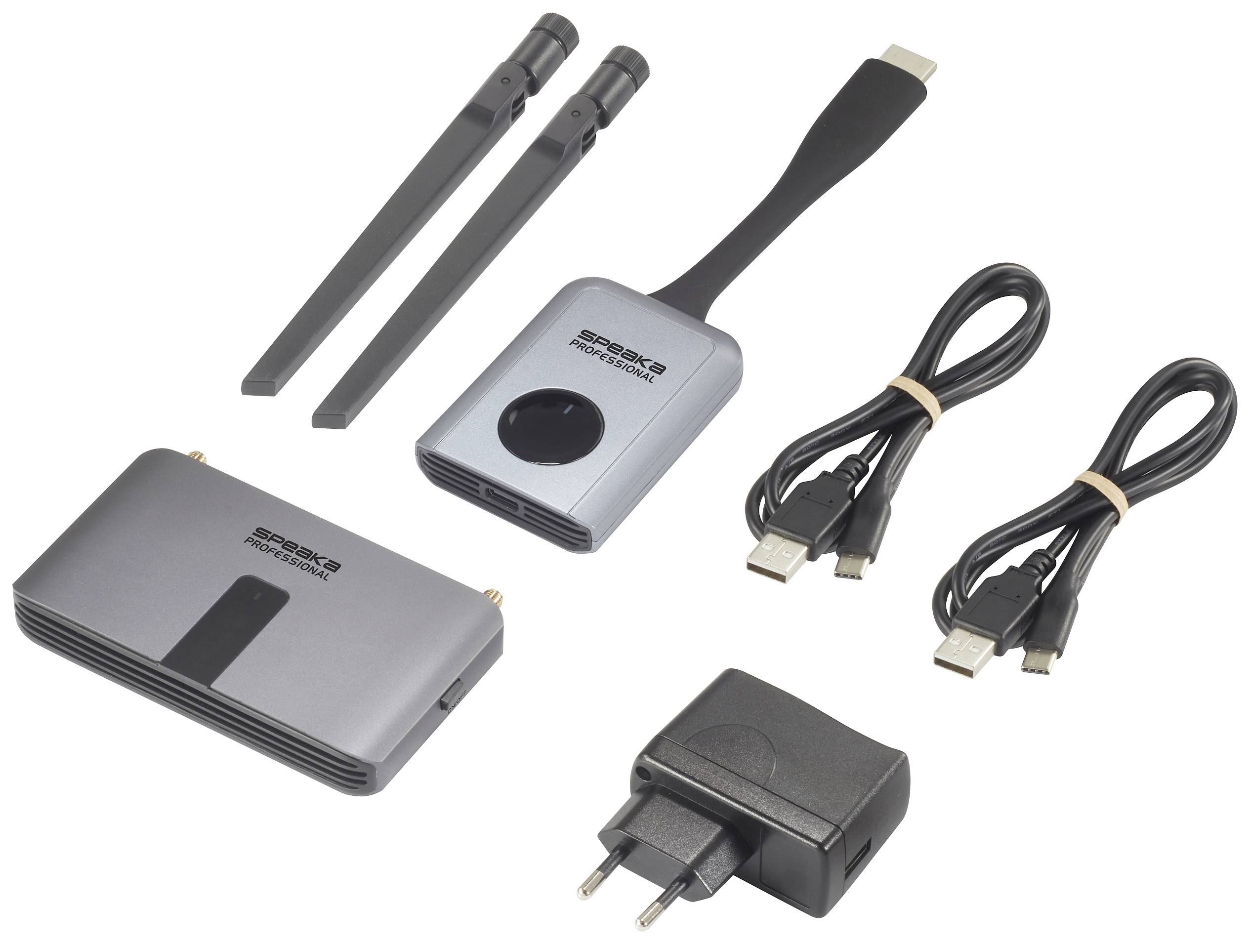 Bezdrôtová HDMI súprava vysielača a prijímača s dvoma anténami, nabíjačkou a dvoma prepájacími káblami.