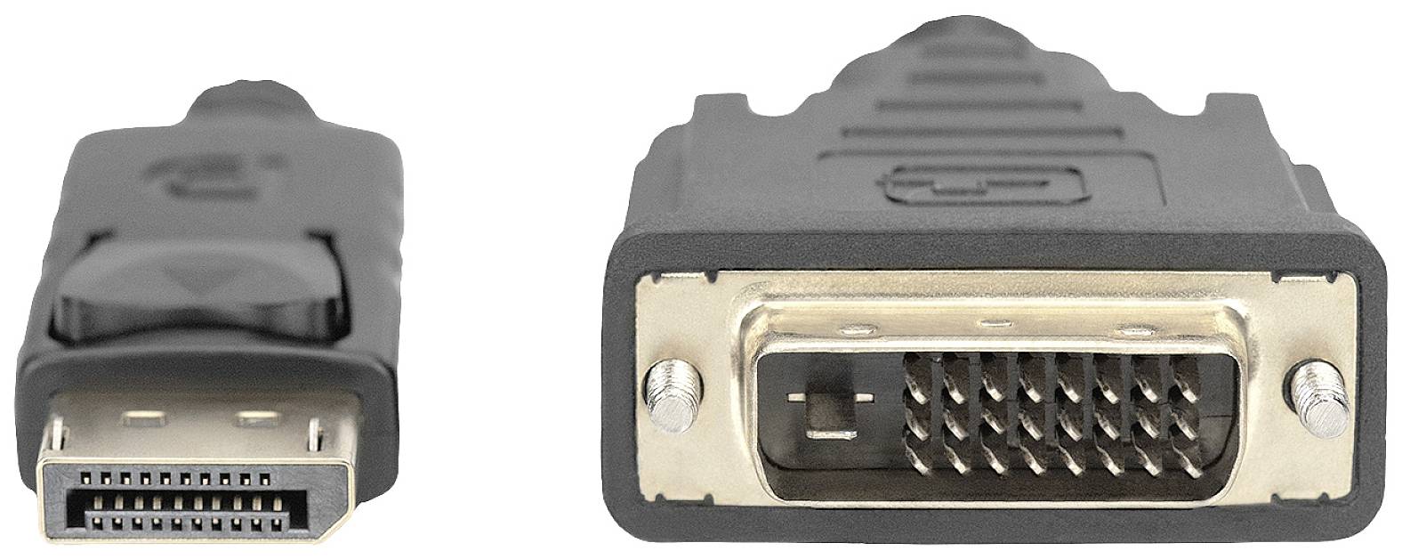 DisplayPort na DVI adaptérový kábel zobrazuje DisplayPort konektor na ľavej strane a DVI konektor na pravej strane.
