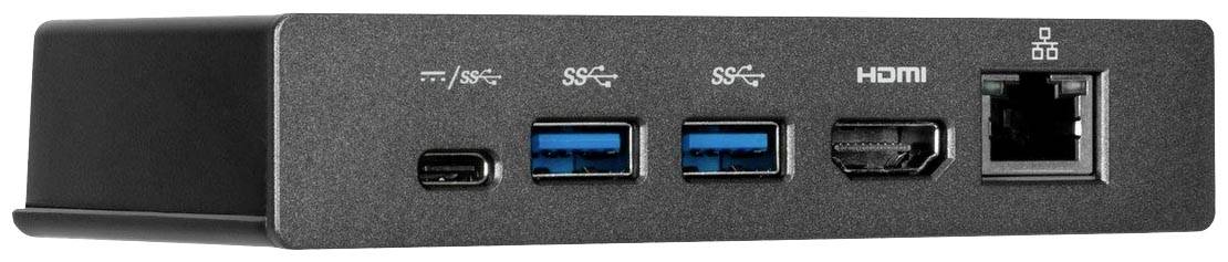 Čierny USB hub s viacerými portami: jeden USB-C, dva USB-A, jeden HDMI a jeden ethernetový port. Ideálny pre počítačové pripojenia.