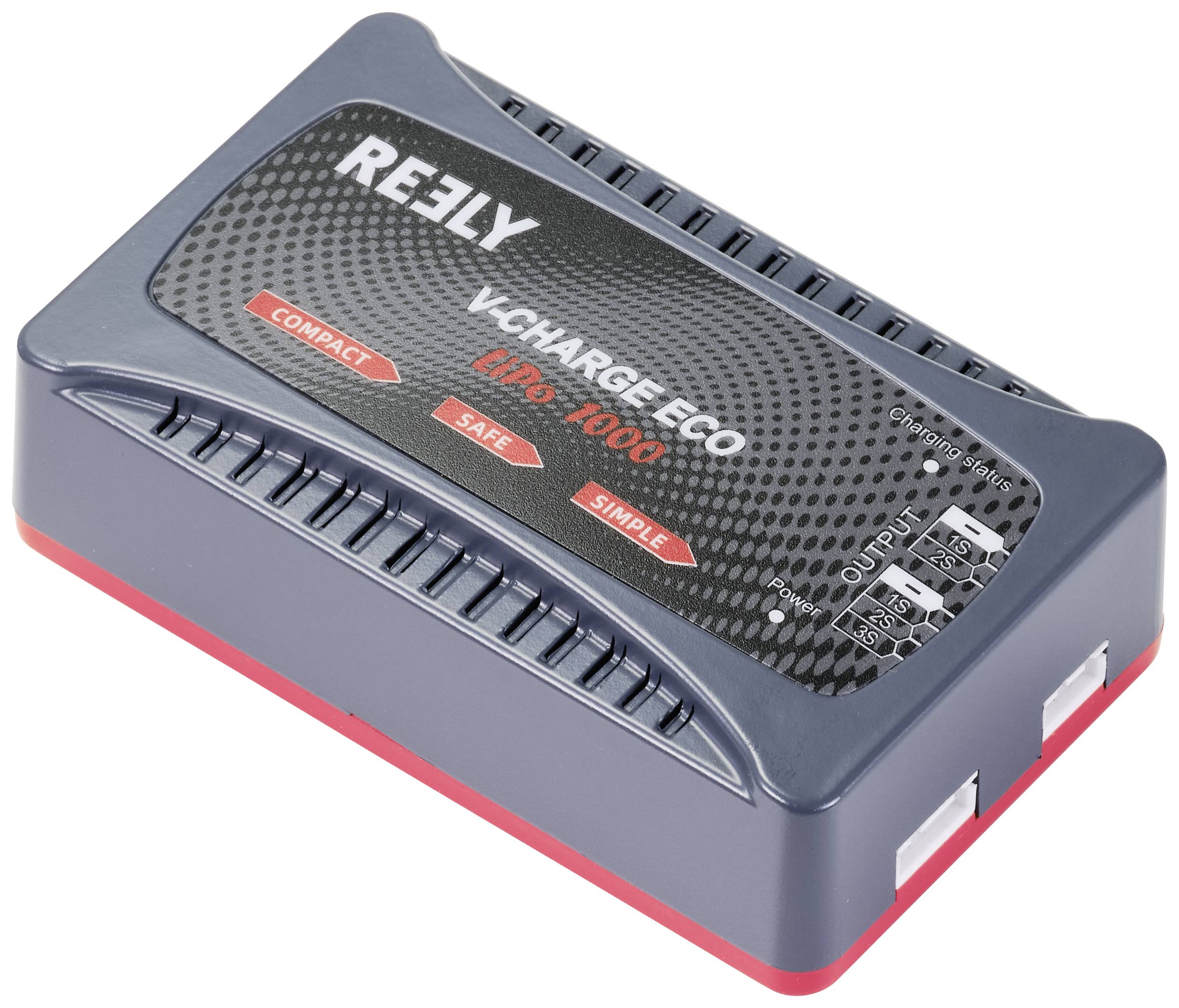 Nabíjačka REELY V-Charge Eco LiPo 1000 čierno-sivá s červenými akcentmi. Displej pre VÝSTUP 3V, 5V a LED kontrolky viditeľné.