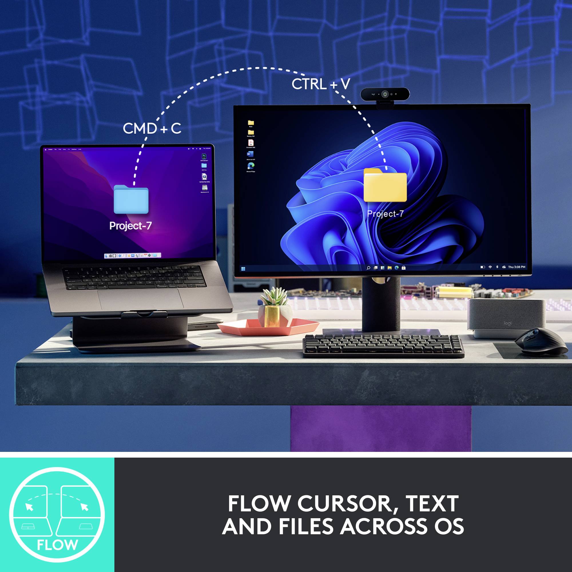 Dva počítačové monitory, MacBook vľavo a Windows PC vpravo. Súbory sa prenášajú pomocou 'CTRL + V' alebo 'CMD + C'.