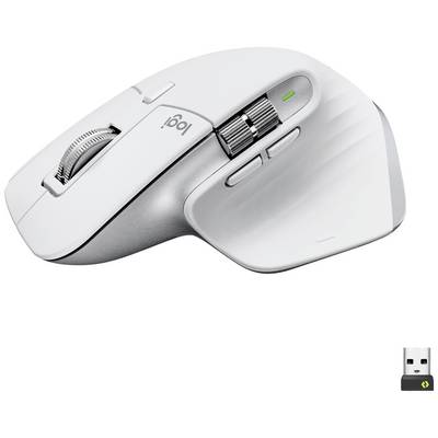 Bezdrôtová ergonomická počítačová myš v bielej farbe s viacerými tlačidlami a rolovacím kolieskom. Pod ňou je znázornený USB prijímač.