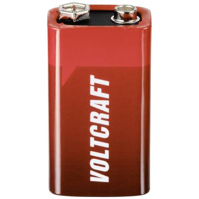 Červená 9V blokková batéria s nápisom 'VOLTCRAFT' vytlačeným bielym písmom zvisle. Hore sú viditeľné obe svorky.