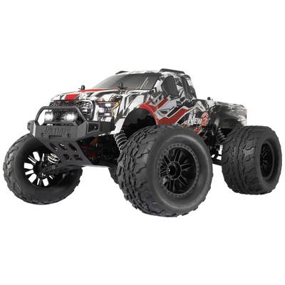 Diaľkovo ovládaný monster truck s veľkou svetlou výškou a hrubými pneumatikami v čierno-bielo-červenom dizajne stojí na svetlom pozadí.