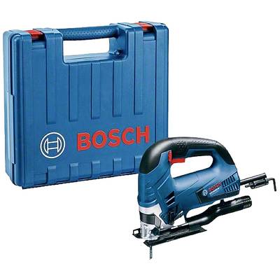 Modrá priamočiara píla Bosch v zodpovedajúcom prepravnom kufríku, logo značky dobre viditeľné.