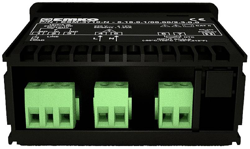 Čierne elektronické zariadenie so zelenými vyznačenými konektormi. V hornej časti sú viditeľné symboly a technické údaje.