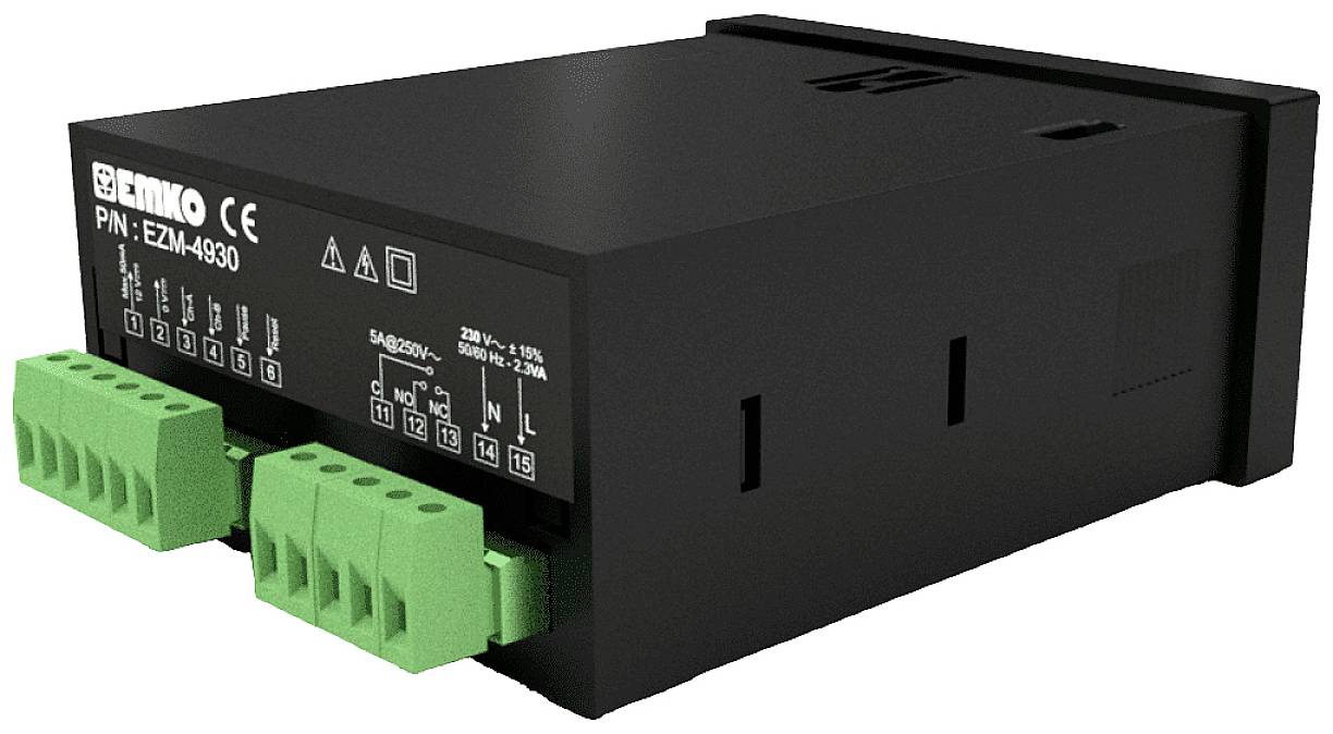 Čierne elektronické zariadenie so zelenými svorkami na prednej strane, pravdepodobne riadiaca jednotka alebo konvertor.