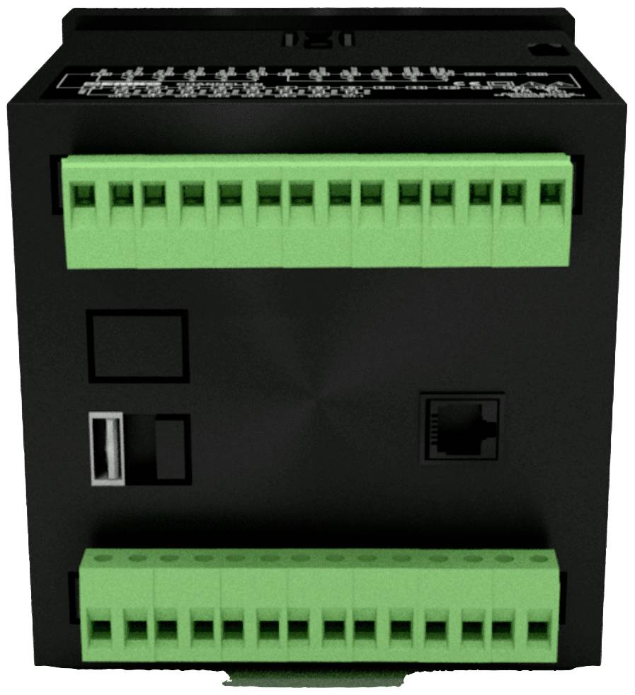 Čierne elektrické zariadenie s dvoma zelenými pripájacími lištami. Obsahuje USB port a ethernetový port.