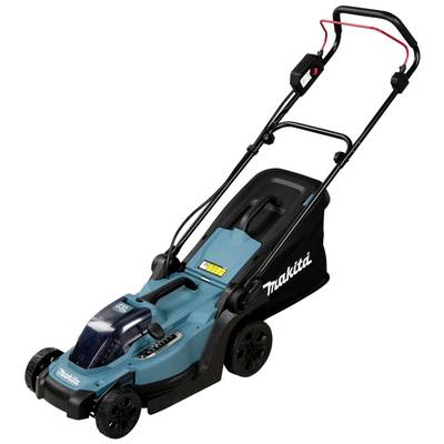 Modrá kosačka na trávu s akumulátorovým pohonom a ergonomickou rukoväťou; ideálna pre malé až stredne veľké záhrady.