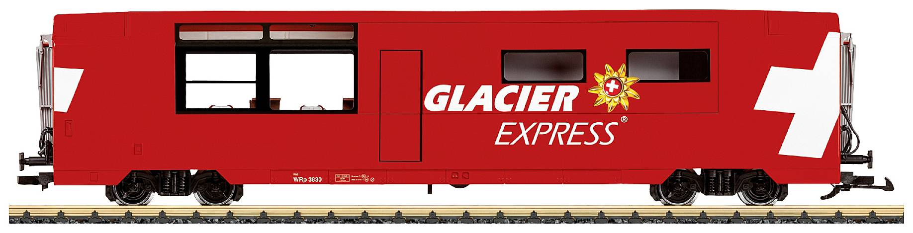 Červený vozeň Glacier Express s veľkým švajčiarskym krížom a motívom záplavníka, jazdí po koľajniciach.