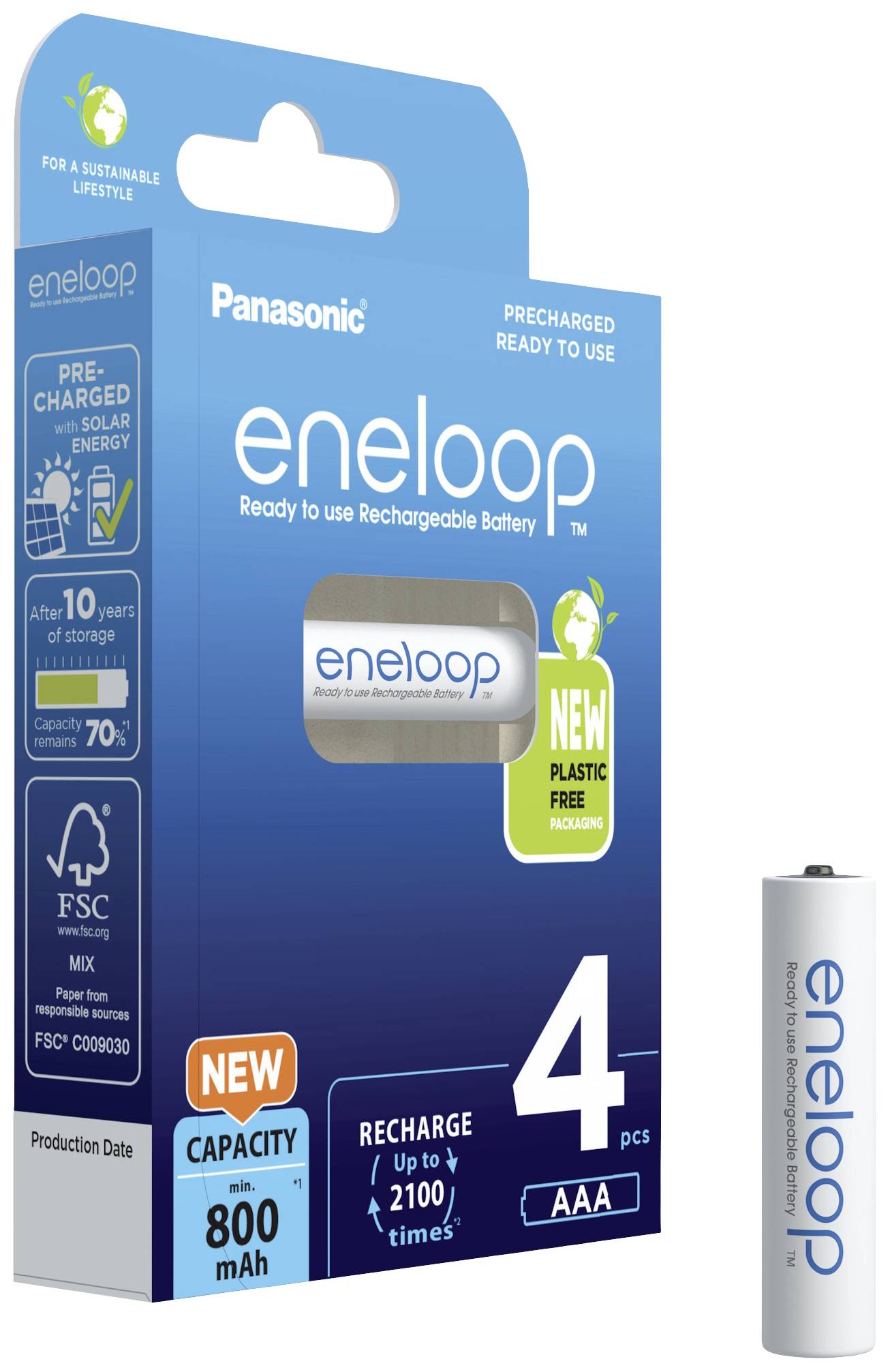 'Panasonic eneloop AAA batérie, nabité solárnou energiou, 4 kusy. Kapacita 800mAh. Možnosť opätovného nabitia až 2100-krát.'