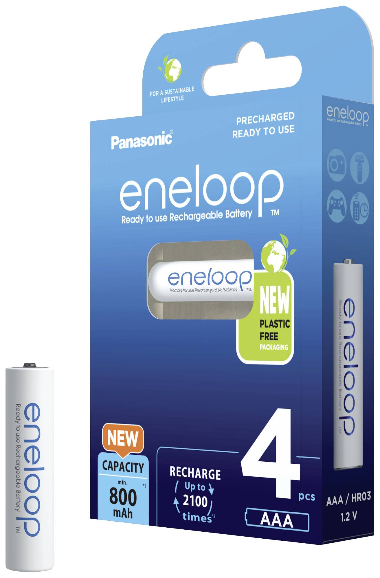 Balenie nabíjateľných batérií Panasonic eneloop AAA, 4 kusy. Kapacita: 800 mAh. Opakovane nabíjateľné až 2100-krát. Nový environmentálne šetrný obal.