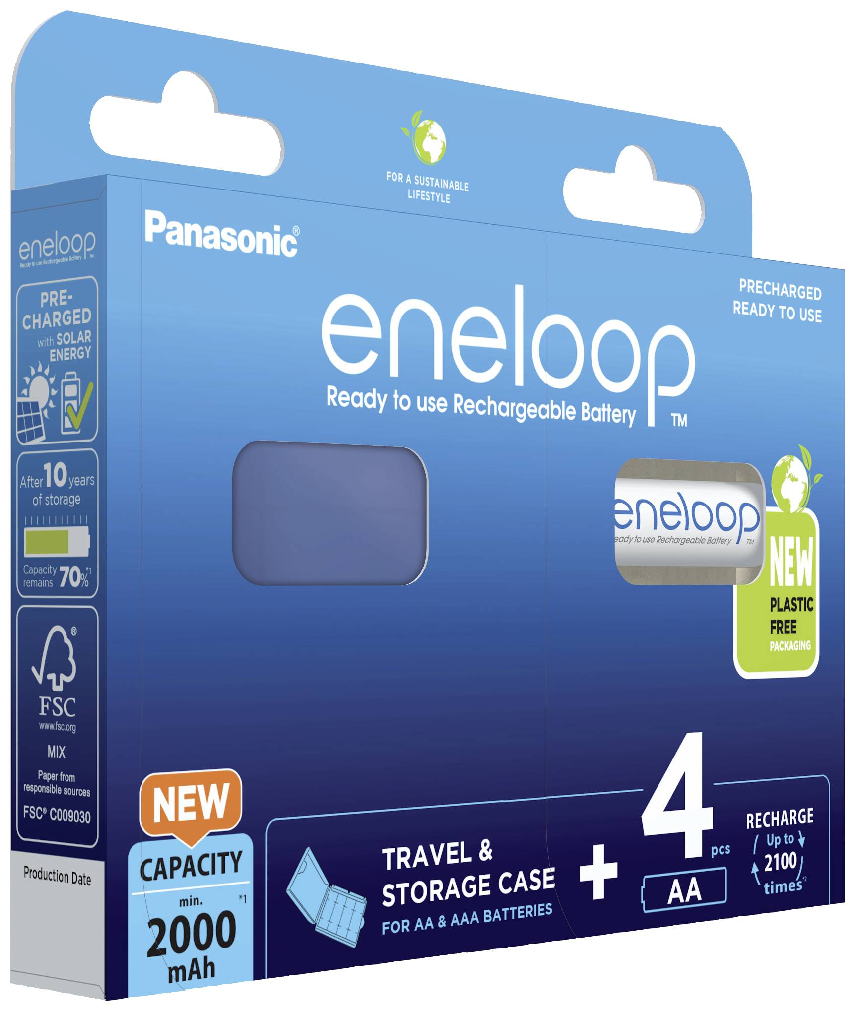 Balenie Panasonic eneloop AA batérií, 4 kusy, dobíjateľné, s úložným boxom. Kapacita 2000 mAh, certifikované FSC.