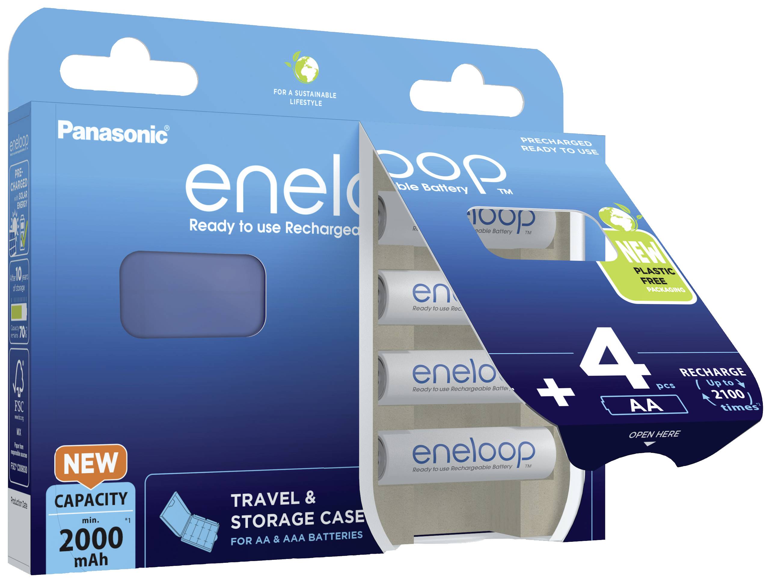 Balenie nabíjateľných batérií Panasonic eneloop AA, zobrazuje 4 batérie a poukazuje na '2.100 nabíjacích cyklov'. Obsahuje cestovnú a úložnú škatuľku.