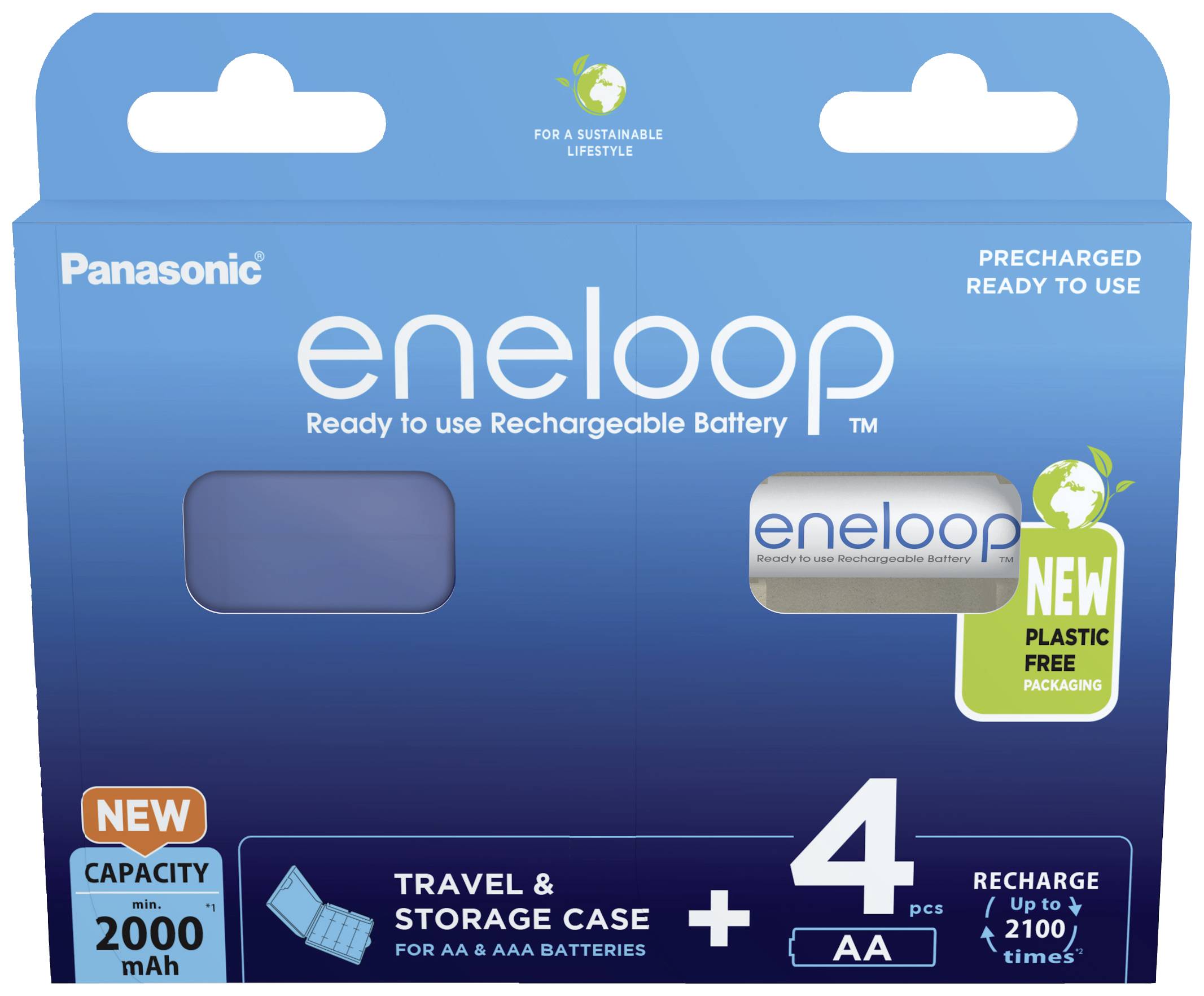 Panasonic eneloop Balenie 4 nabíjateľných batérií AA, modré balenie, 2000 mAh, vrátane cestovného a úložného púzdra.