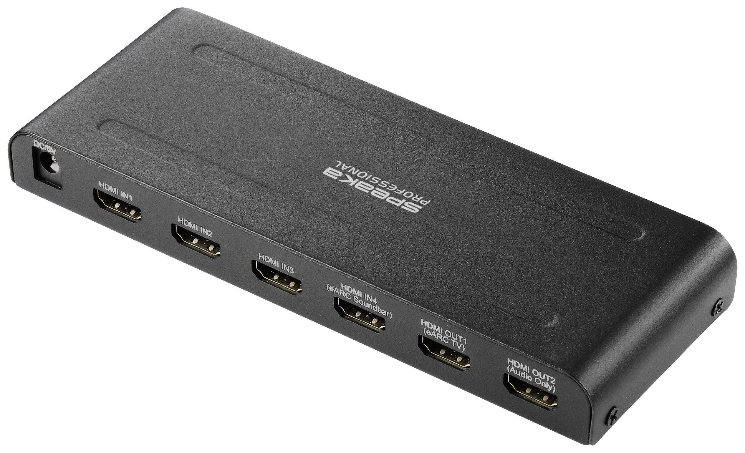 Čierny HDMI rozbočovač s piatimi HDMI portami na prednej strane, označený ako "HDMI IN 1", "HDMI IN 2" a "HDMI OUT".