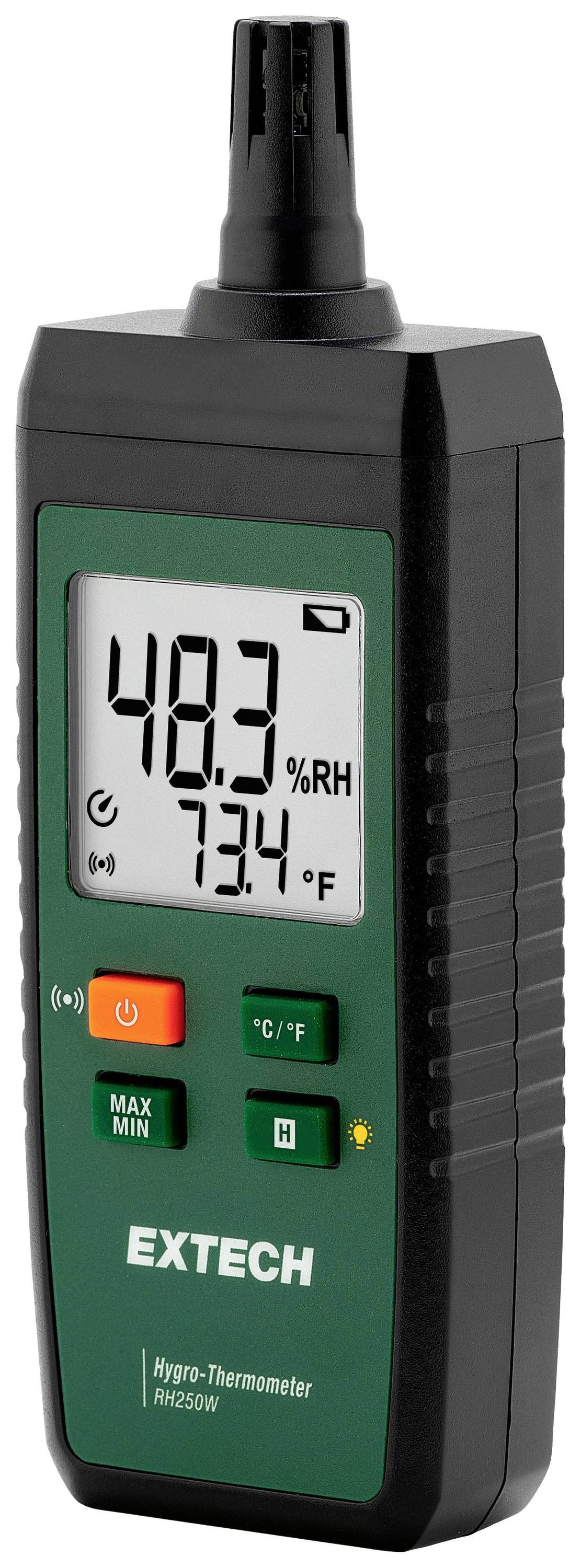 Digitálny hygro-teplomer ukazuje 48,3 % relatívnej vlhkosti vzduchu a 73,4 °F teploty. Čierne puzdro, zelený displej.